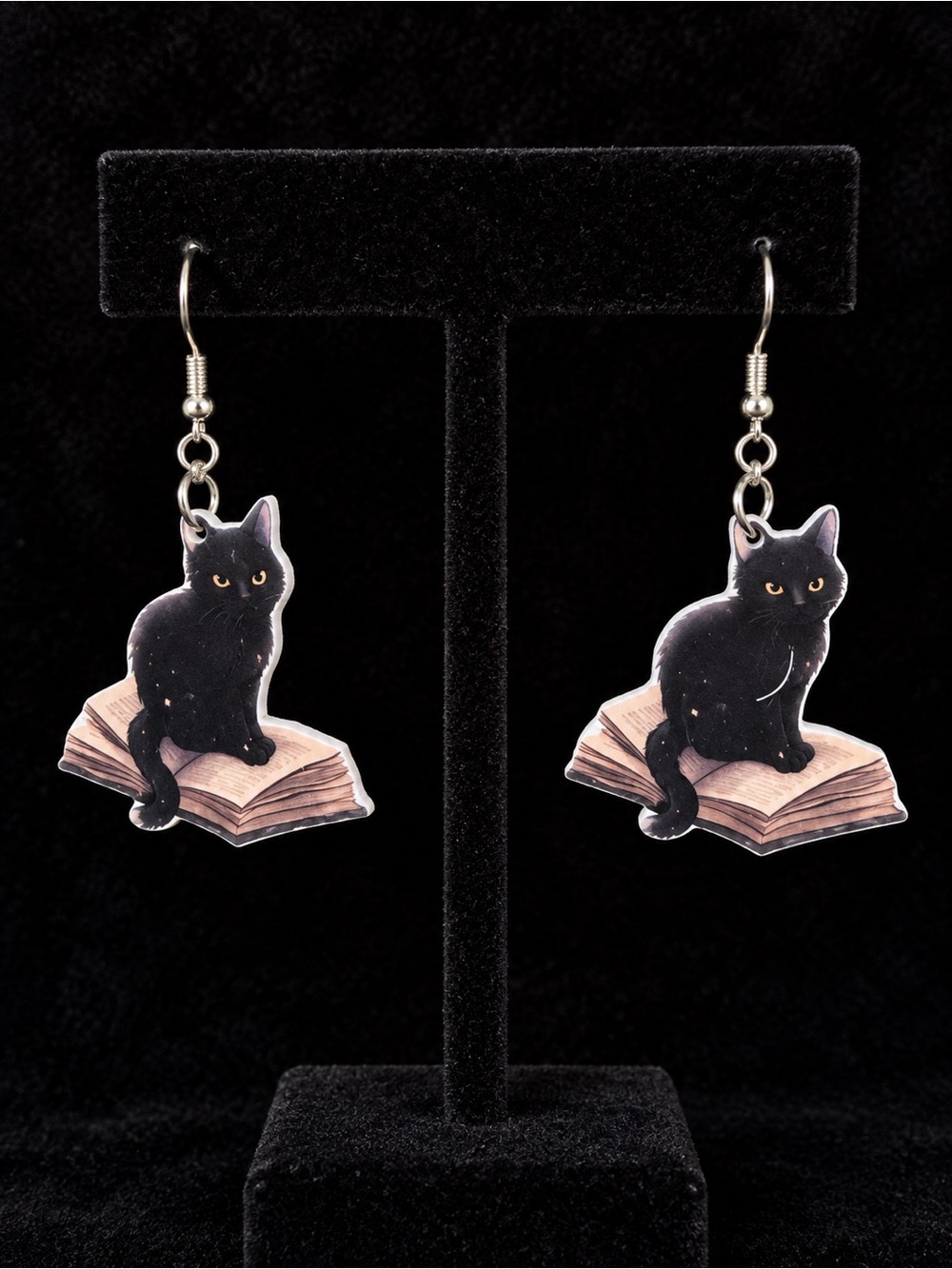 Black Cat on Book Dangle Earrings